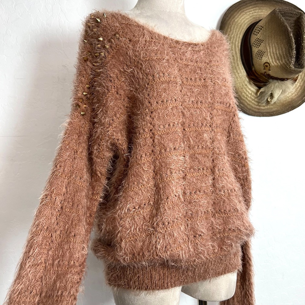 Ark & Co Eyelash Knit Sweater sz S Brown Studded Shoulder Slouchy Pullover